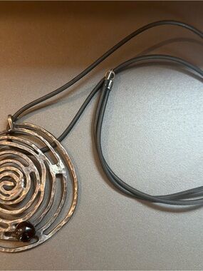 Large Handcrafted Hammered Spiral Pendant Necklace – 3” Round – Black Cord